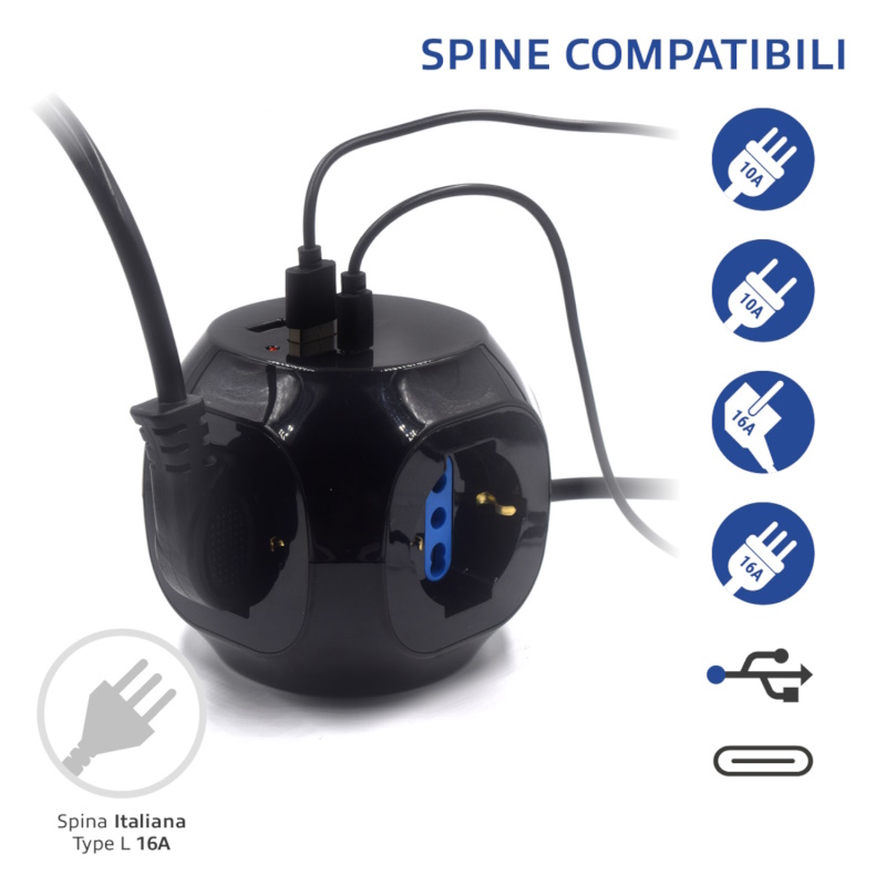 Multipresa a Cubo 3 posizioni, 2 Usb e 1 Usb-C